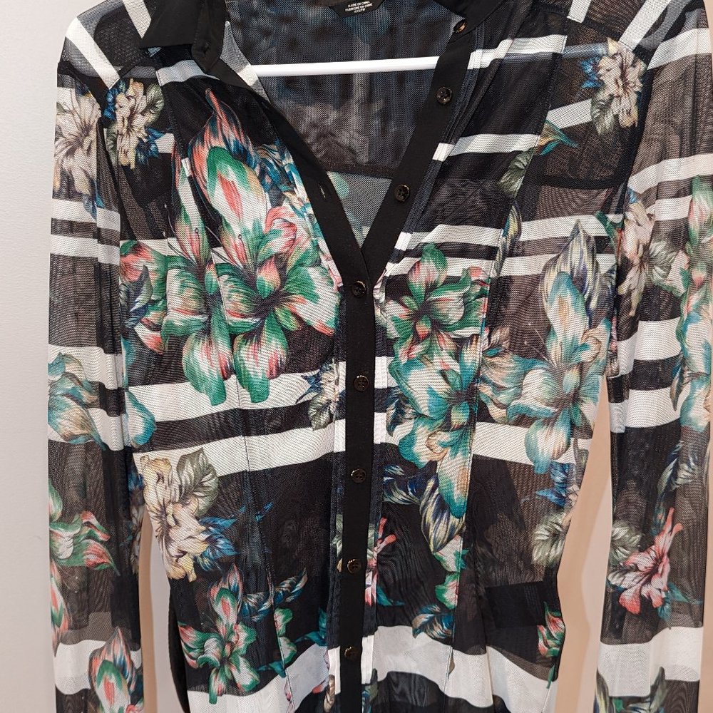 BEBE Black Sheer Mesh Chiffon Floral Shirt XXS